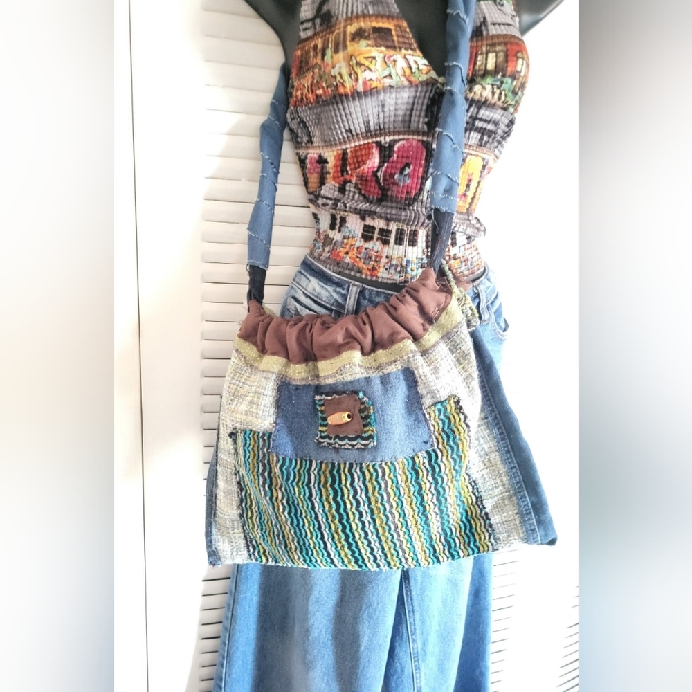 Denim Handmade crossbody African shoulder bag patchwork,african bead sold
